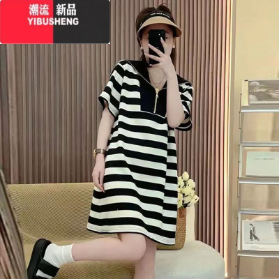 YIBUSHENG大码宽松微胖mm2-300斤领短袖T恤裙子女季中长款条纹连衣裙
