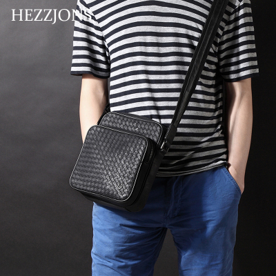 赫泽琼斯HEZZJONS原创手工编织单肩包进口意大利牛皮斜挎包青年时尚潮流运动背包男神软皮手机烟包黑色