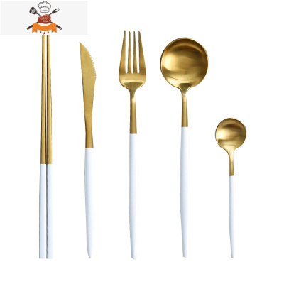 欧式网红刀叉勺套装葡萄牙304不锈钢北欧可爱西餐牛排盘勺子餐具 敬平 白金5件套