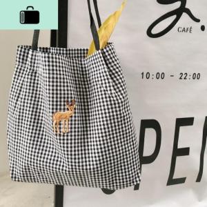 自制日韩爱心小麋鹿森系文艺格子帆布包刺绣学生女购物袋女式包NEW LAKE女士单肩包