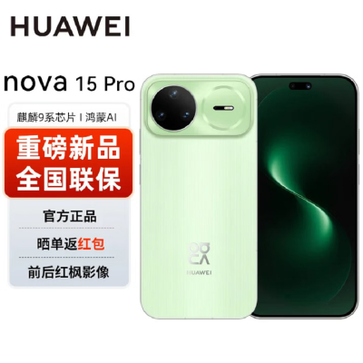 华为nova15 Pro 256GB 带感绿 麒麟9010S芯 多焦段红枫影像 100W快充 6500大电池 北斗卫星图片消息 防尘防水 双卡鸿蒙AI NFC 红外遥控手机