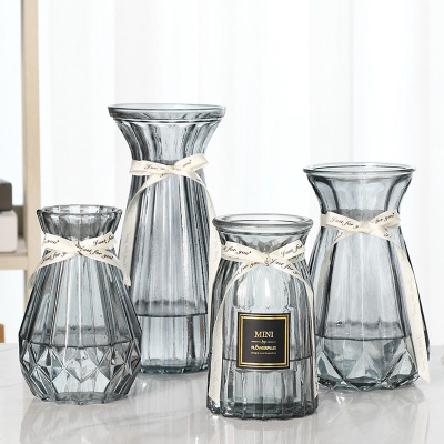 四件套-北欧创意玻璃花瓶透明水养富贵竹玫瑰花瓶客厅插花摆件15贴标+折纸+冰心+米兰（烟灰色）大