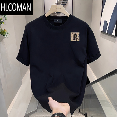HLCOMAN2024夏新款短袖t恤男衣服宽松休闲印花体恤半袖黑色