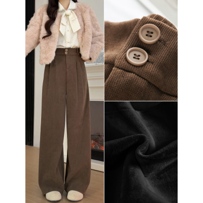 咖色加绒西装裤女秋冬季加厚灯芯绒裤子垂感直筒小个子棕色阔腿裤_661