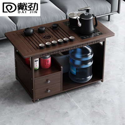 戴劲 移动茶台家用竹木小茶桌烧水壶一体简约现代功夫茶几 防烫+黑陶茶具
