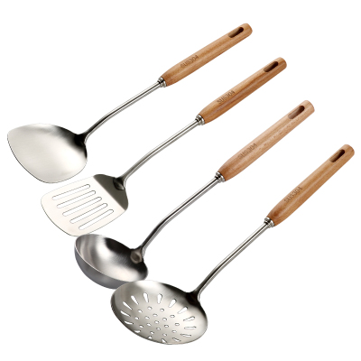 SenseYo锅铲304不锈钢煎铲榉木手柄防烫厨具铁菜铲长柄加厚汤勺炒菜铲子厨具4件套