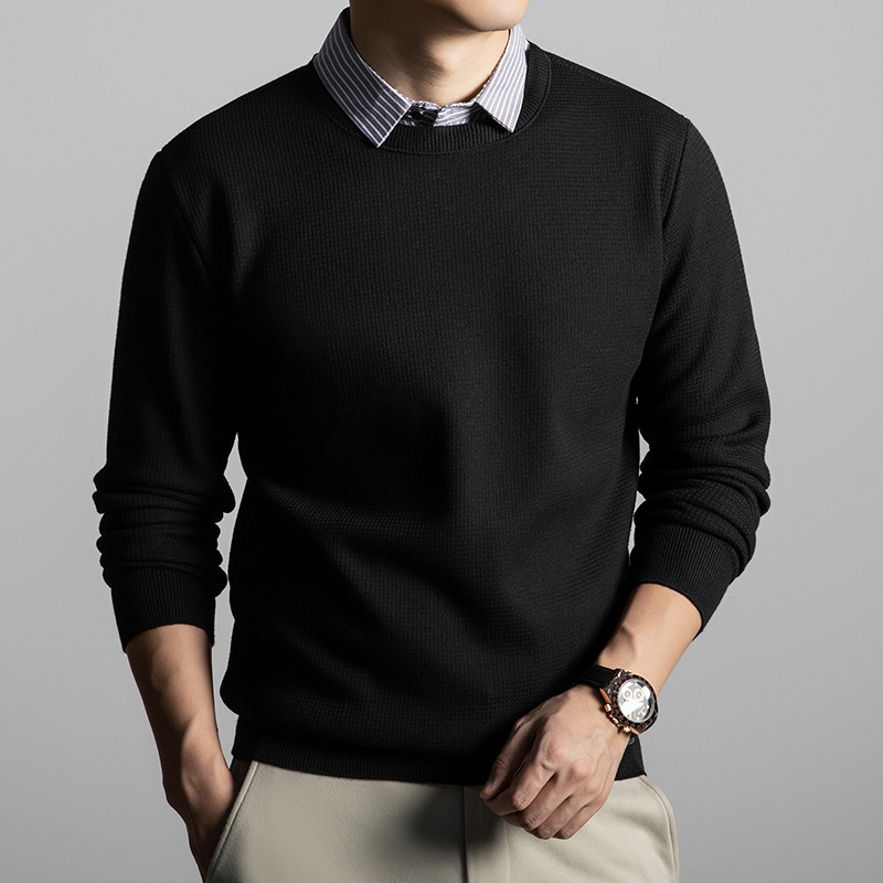 含羊毛加绒假两件毛衣男冬季新款翻领休闲保暖打底男士针织衫
