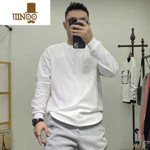 YANXU纯色净版打底衫2023春季男白色长袖宽松大码T恤弹力棉舒适休闲