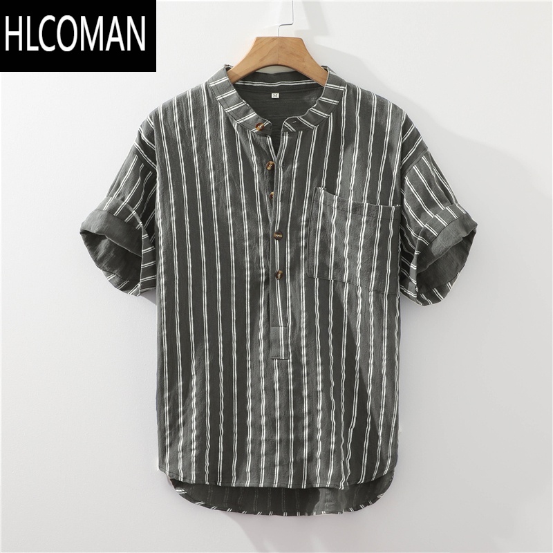HLCOMAN夏季男士短袖衬衫男潮流宽松立领套头衬衣t恤寸衣男青年