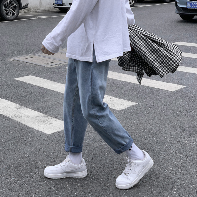 华中铭旗舰店宽松蓝色直筒裤牛仔裤男长裤子男士秋季百搭阔腿裤九分休闲裤港风学生韩版潮流水洗裤青少年精神小伙男装