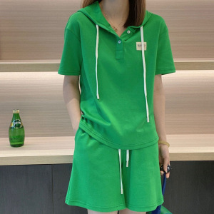 6535棉 小个子连帽休闲运动装女网红港风学生洋气T恤短裤两件套潮