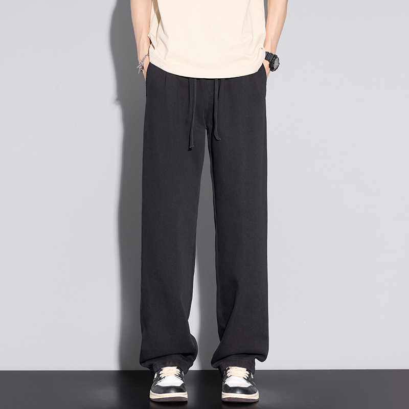 抽绳垂感男休闲裤 黑色软糯糯米裤 宽松阔腿直筒夏季薄款裤子