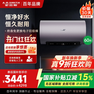 AO史密斯60升电热水器 国家补贴 金圭内胆 双棒分离速热 免换镁棒 免清洗短款 E60ED8-B