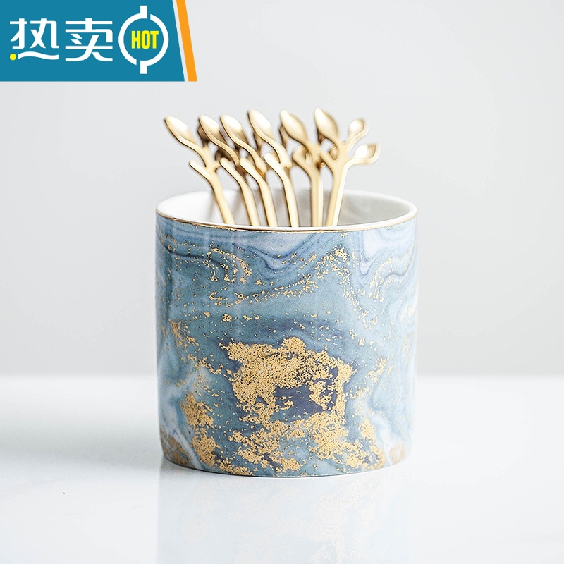 敬平北欧风格创意果叉罐套装叉子家用陶瓷罐子不锈钢水果签果插 流沙金罐一个+6根树叶叉