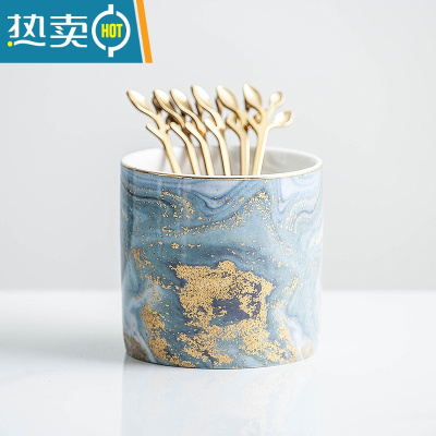 敬平北欧风格创意果叉罐套装叉子家用陶瓷罐子不锈钢水果签果插 流沙金罐一个+6根树叶叉