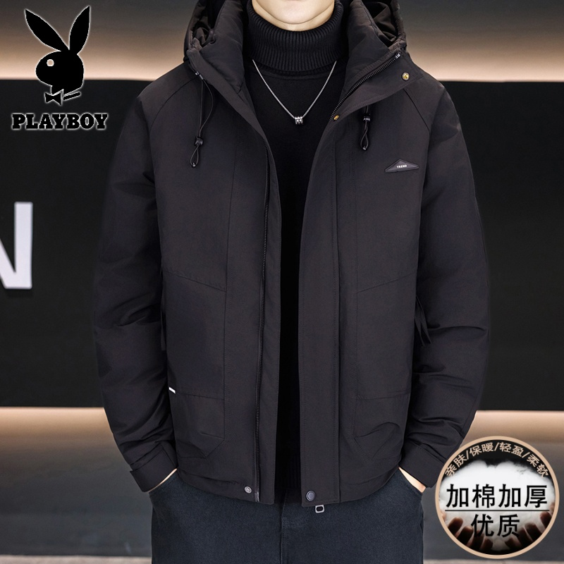 花花公子新款高品质冬季新款户外帅气防寒服三防连帽加厚羽绒棉男装夹克外套
