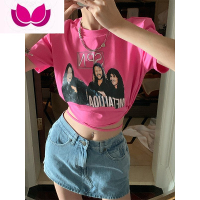 七斓美式印花流行短袖T恤设计感小众夏季修身抽绳绑带短款辣妹上衣女