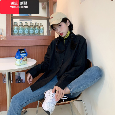 YIBUSHENG大码胖mm纯色衬衫女长袖春季2020新款胖妹妹宽松韩版百搭显瘦衬衣大码女装