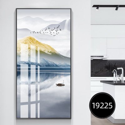 山水渔歌新中式玄关装饰画现代大气走廊竖版过道风1922590*180典雅金框质感晶瓷画面LB(棉麻油画布+金属边框+