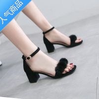 SUNTEK2023年新款夏季中跟粗跟百搭黑色女士一字带凉鞋女时装小高跟鞋子