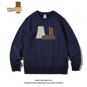 YANXU日系卫衣男圆领潮牌2023新款款加绒男装百搭宽松无帽外套上衣