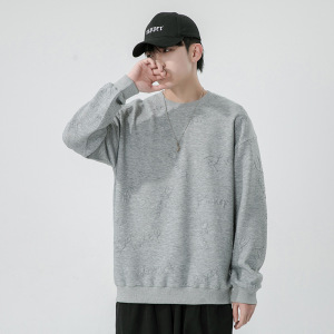 男装春秋季新款提花男士卫衣韩版潮牌简约圆领宽松上衣纯色打底衫