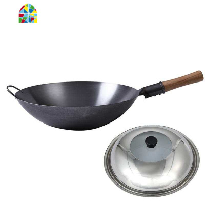 铁皮锅薄轻超轻家用炒锅炒粉专用锅摆摊不粘厨师炒菜锅燃气灶适用 FENGHOU 36木柄+耳