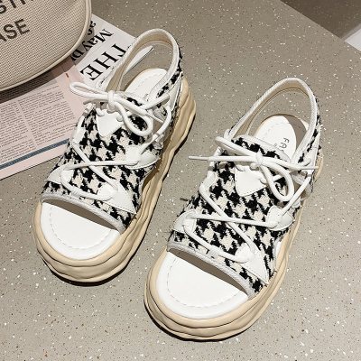 枫述网红露趾凉鞋女2021夏季新款百搭厚底溶解系带休闲学生松糕鞋ins