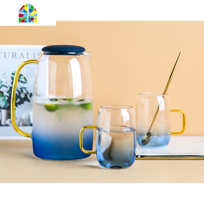 耐热防爆冷水壶家用玻璃水壶可高温凉水杯套装大容量凉白开彩把壶 FENGHOU 杯子2个烧水壶