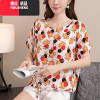 YIBUSHENG季薄款棉绸短袖小衫女宽松上衣胖mm加肥休闲碎花人造棉T恤潮