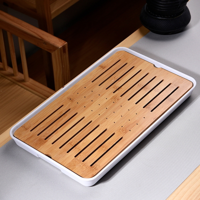 家用简约功夫茶具茶盘套装迷你储水密胺干泡小茶台日式竹制茶托盘密胺大长方祥云白茶盘43cm