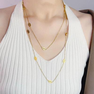 钛钢双层叠戴长款项链欧美猪鼻子锁骨链轻奢小众设计高级感毛衣链送女朋友老婆情人节七夕生日礼物