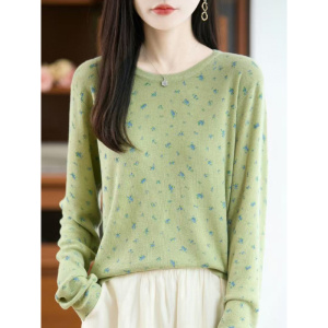 秋冬新款精纺羊毛别致碎花长袖针织衫女内搭打底衫宽松上衣服潮