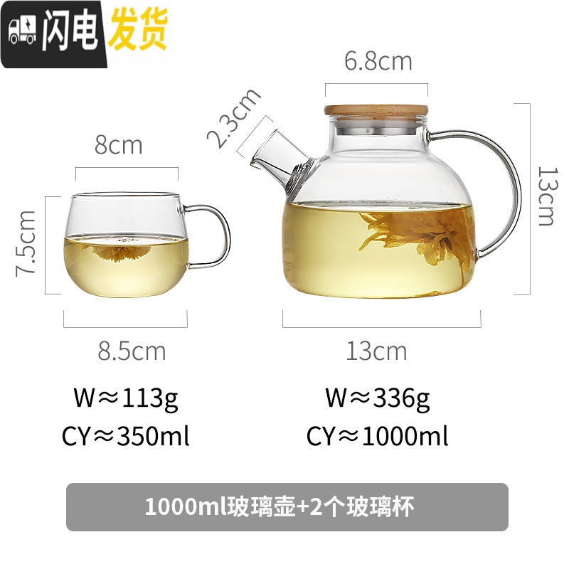 三维工匠玻璃水壶加热可高温家用明火可烧煮茶器具套装透明小号泡茶壶单壶 1000+2个玻璃杯茶具