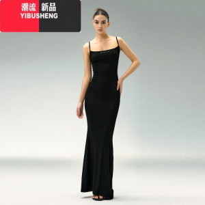 YIBUSHENG美式复古针织吊带长裙女2024季新款连衣裙修身包臀裙子