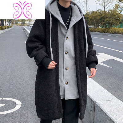 YUANSU冬季加厚羔毛中长款风衣男潮流韩版帅气绒假两件连帽呢大衣外套风衣