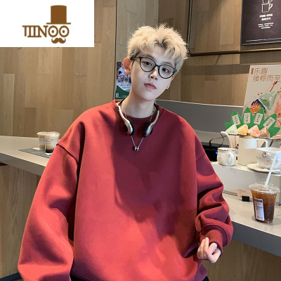 YANXU酒红色卫衣男秋季新款美式复古青少年潮流宽松休闲百搭上衣服外套