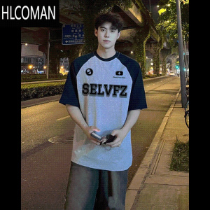 HLCOMAN美式潮牌撞色插肩短袖t恤男款夏季高街宽松拼接半袖上衣