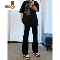 YANXU纯黑色弹力牛仔裤男潮牌高街vibe美式cleanfit裤子直筒修身微喇裤