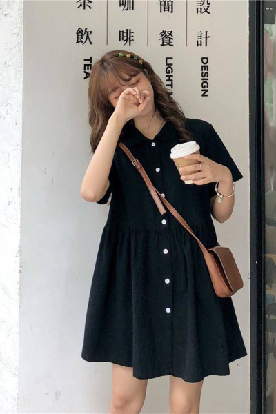 POLO领宽松开衫连衣裙女闺蜜装黑色短袖衬衫裙休闲中长款韩国女装