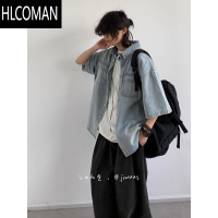 HLCOMAN夏季日系水洗做旧口袋短袖牛仔衬衫男女生潮流复古工装衬衣外套潮