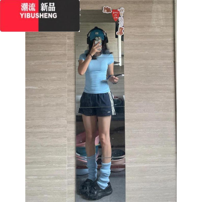 YIBUSHENG美式复古刺绣三条杠运动五分短裤女2024季新款小个子跑步休闲裤