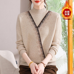 新款烫钻妈妈装女中老年人冬装加绒上衣40-60岁针织衫中年毛衣厚