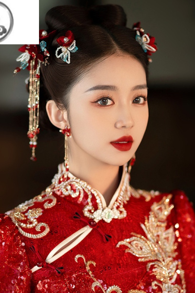 JiMi新款秀禾头饰新娘敬酒服红色绒花套装简约大气结婚礼秀和服发饰