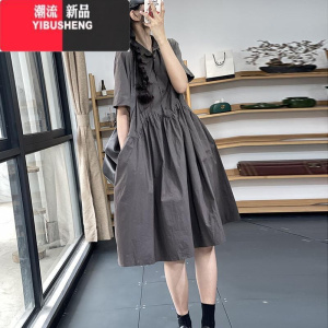 YIBUSHENG2024季新款纯色衬衫裙拼接宽松显瘦短袖薄款休闲韩版连衣裙
