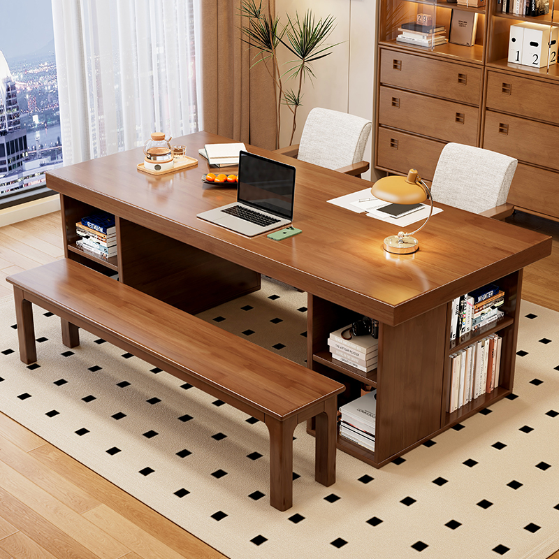 去客厅化大长书桌实木大板桌家用收纳柜一体餐桌多人阅读学习桌