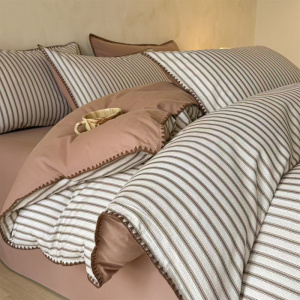 全棉磨毛四件套秋冬加厚贝壳边纯棉被套小清新条纹床上用品三件套