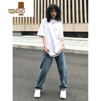 YANXU美式高街复古蓝直筒牛仔裤男潮牌宽松垂感阔腿拖地休闲长裤子