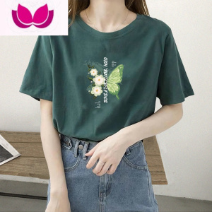 七斓今年流行t恤短款绿色短袖女欧货宽松正肩小众体恤别致上衣潮