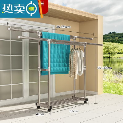 敬平不锈钢晾衣架落地折叠卧室内阳台凉衣架家用婴儿晾衣架晒被子器 [新升级 纳多灰]铝合金双杆款1.59米[带轮可伸缩带防